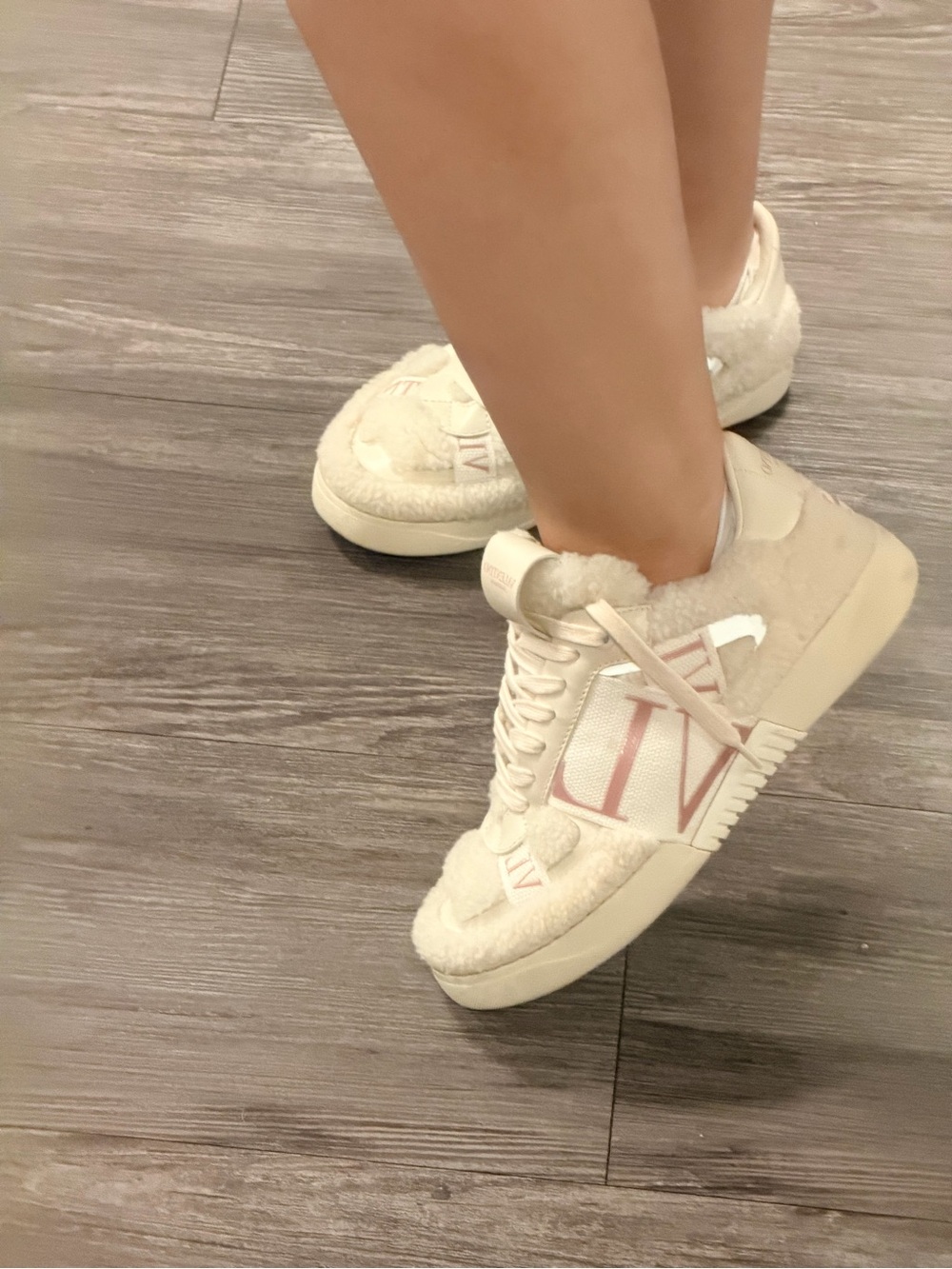 Valentino Ivory and Pink Shearling-Trim Sneakers - Picture 1 of 8